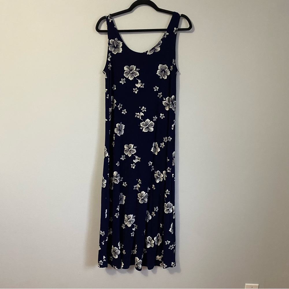 Vintage Royal Creations Hibiscus Print Blue Stretchy Maxi Dress